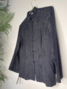 324.   Pure Silk Black Jacquard Tang Jacket Blouse | Frog Closure | 20/24